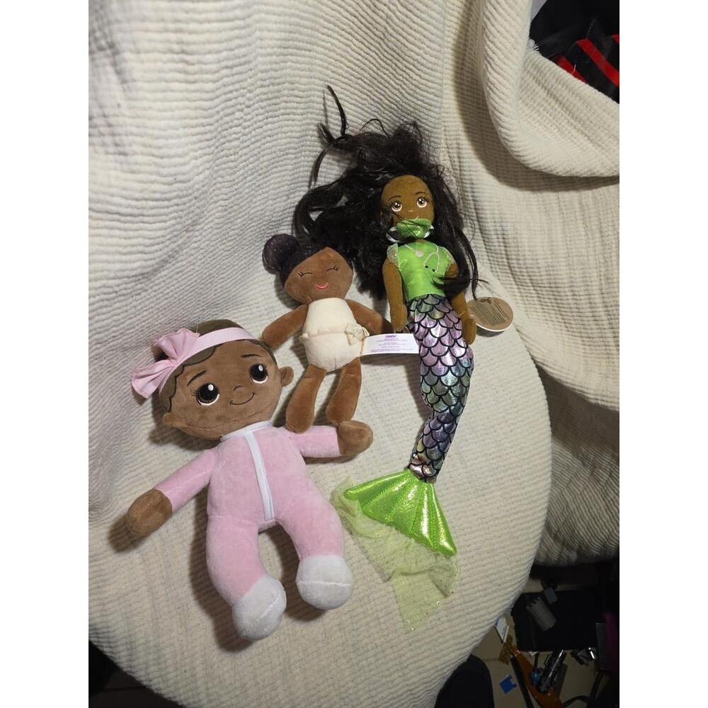 Aurora Sea Sparkles Mermaid Plush Doll & Black Girl Baby Dolls Lot of 3
